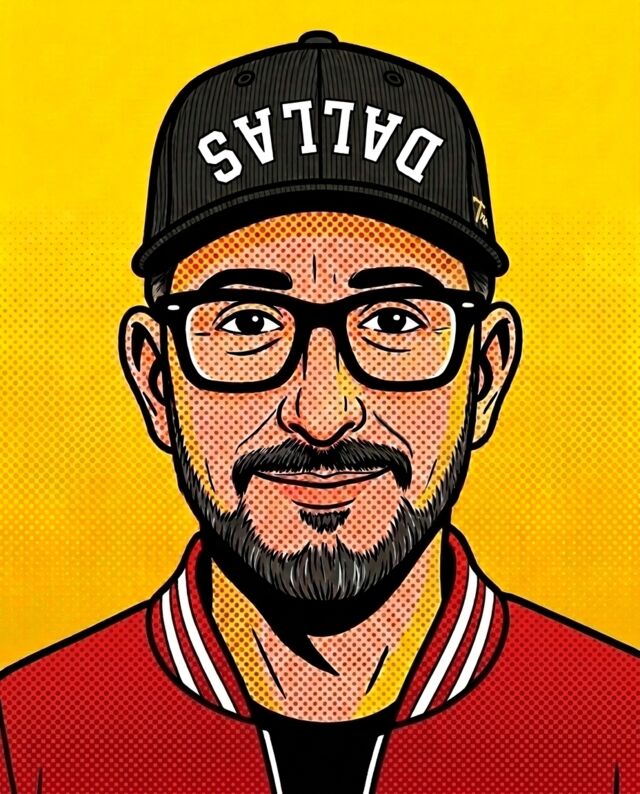 Comic drawing of Shai Friedman in his black cap, glasses and red jacket